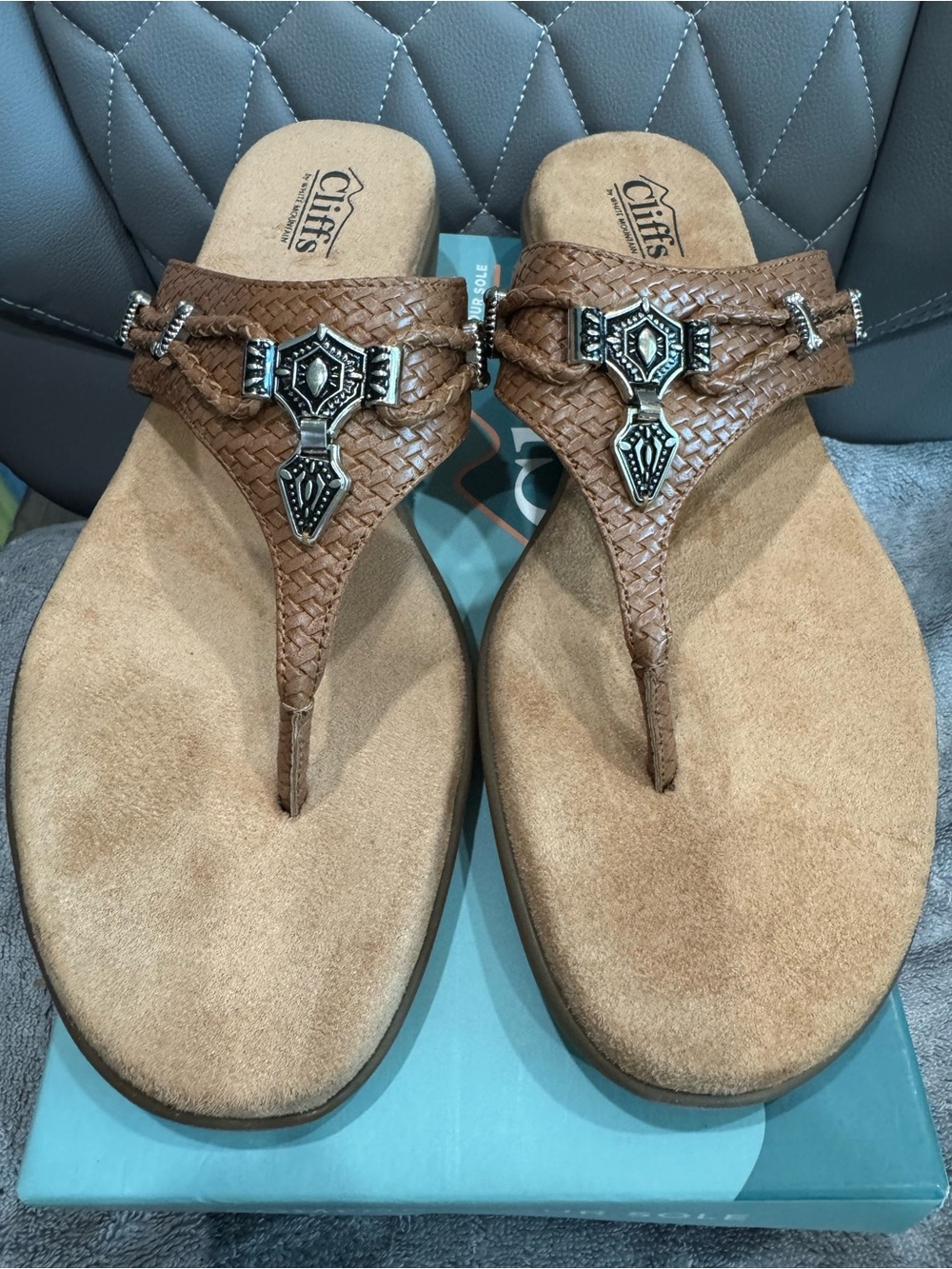 Size 11 Cliffs by WHITE MOUNTAIN Brown Braided Thong Sandals with Silver Accents